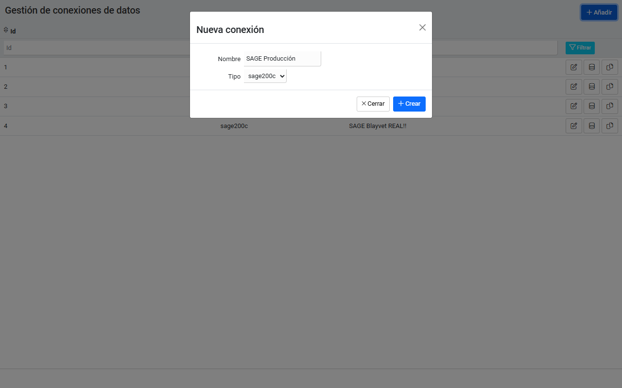 Modal Nueva conexion con los campos Nombre y Tipo, y los botones Cerrar y Crear.