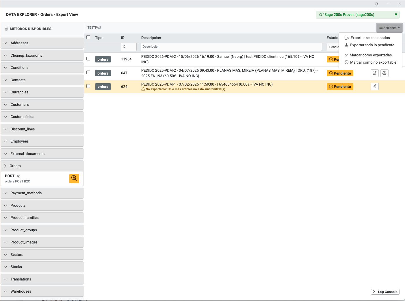 Data Explorer en modo Export View para orders POST, con el menu desplegable Acciones (Exportar seleccionados, Exportar todo lo pendiente, Marcar como exportadas, Marcar como no exportable) y la tabla filtrable de registros a exportar por estado.