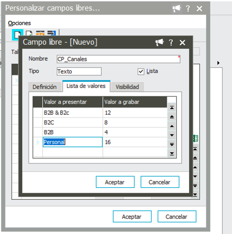 Configuración del campo libre CP_Canales con la lista de valores en Sage 200