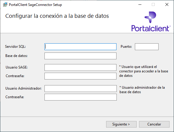 Formulario de configuración de la base de datos